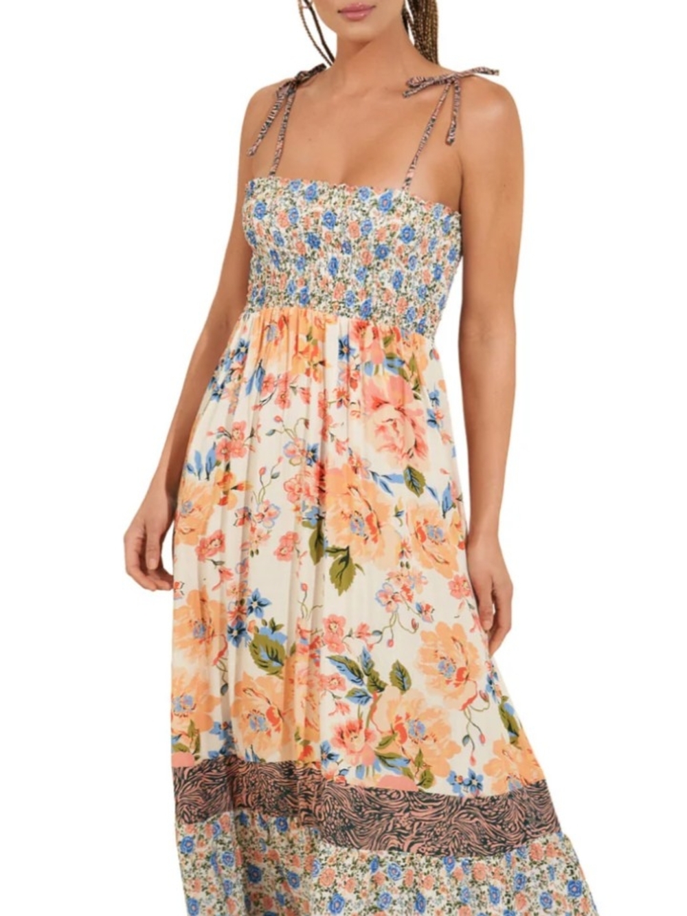 Floral Tie-Strap Smocked Maxi Dress in Cream and Peach